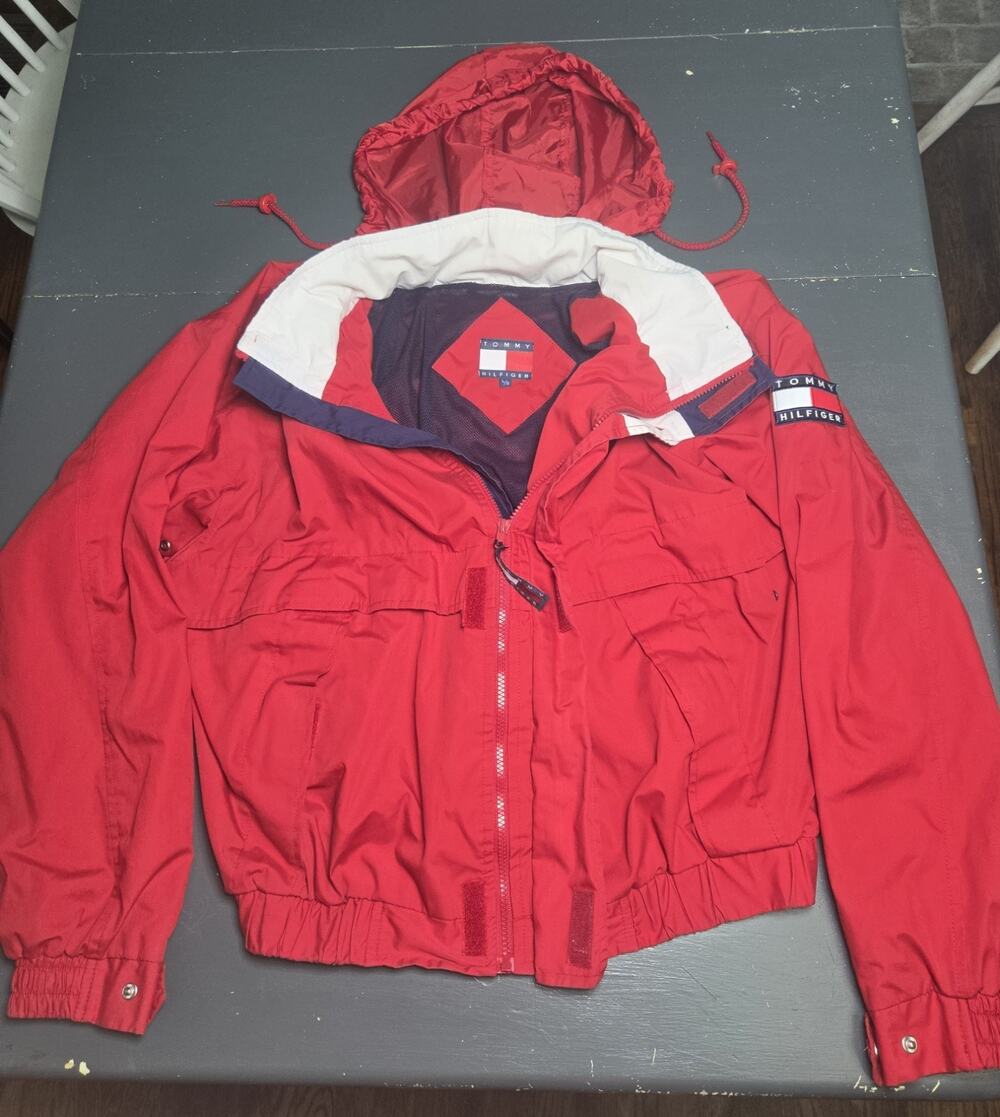 Vintage Tommy Hilfiger Jacket Men L Red Hooded Windbreaker Full Zip 90s Spellout